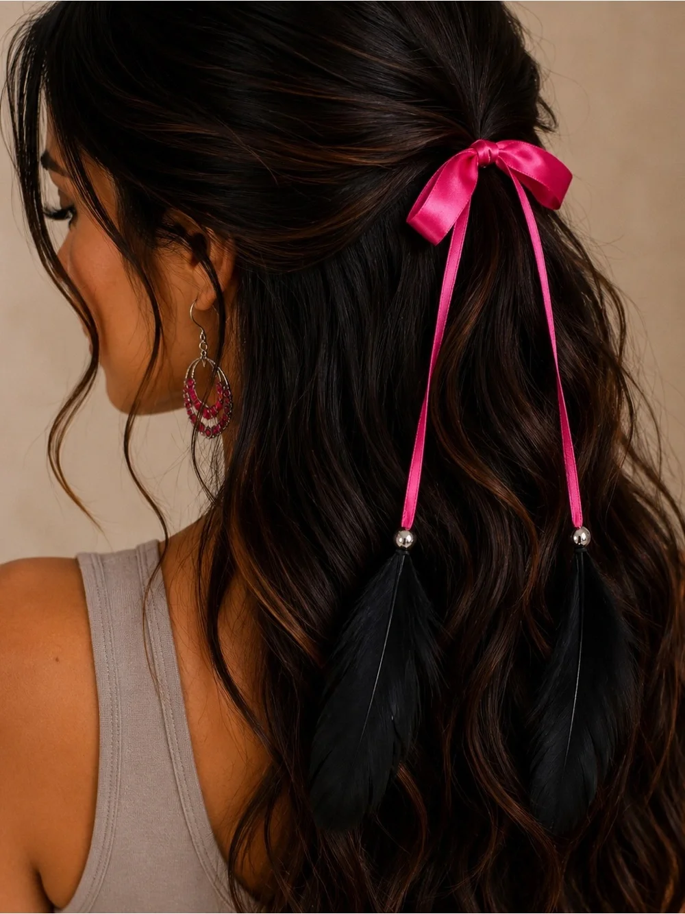 Hot Pink Ribbon Feather Tie Hair Clip